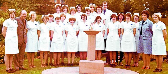 EARLY DAYS . . . pictured outside Crichton Hall in 1975. Nursing tutors David Shankland MBE is pictured to the left and Audrey Kelly to the right